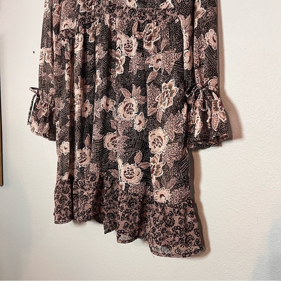 Knox Rose Mini Dress Floral Boho Long Sleeve V-Neck Size Large Brown - Picture 6 of 14